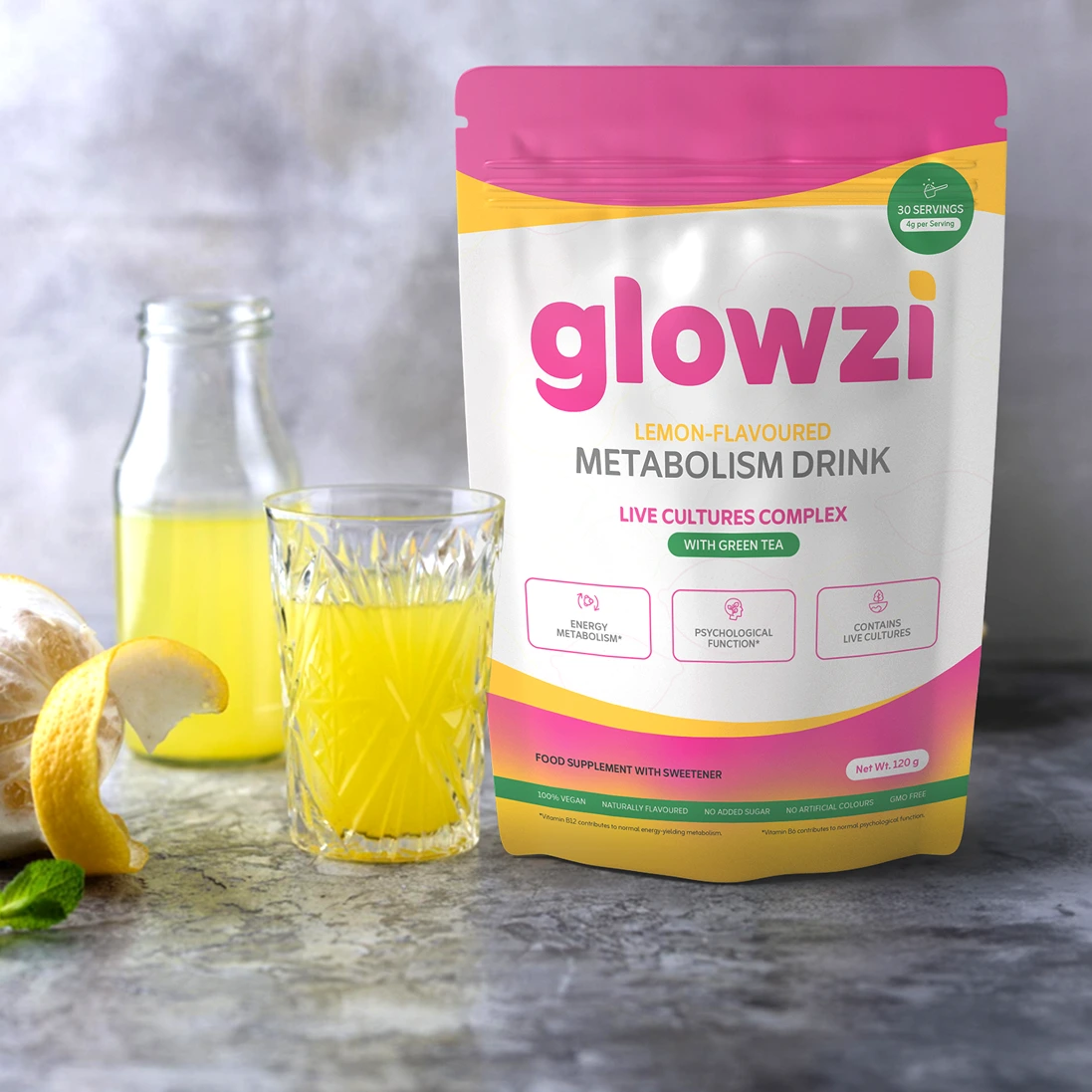 Glowzi lemon-flavoured daily wellness drink pouch