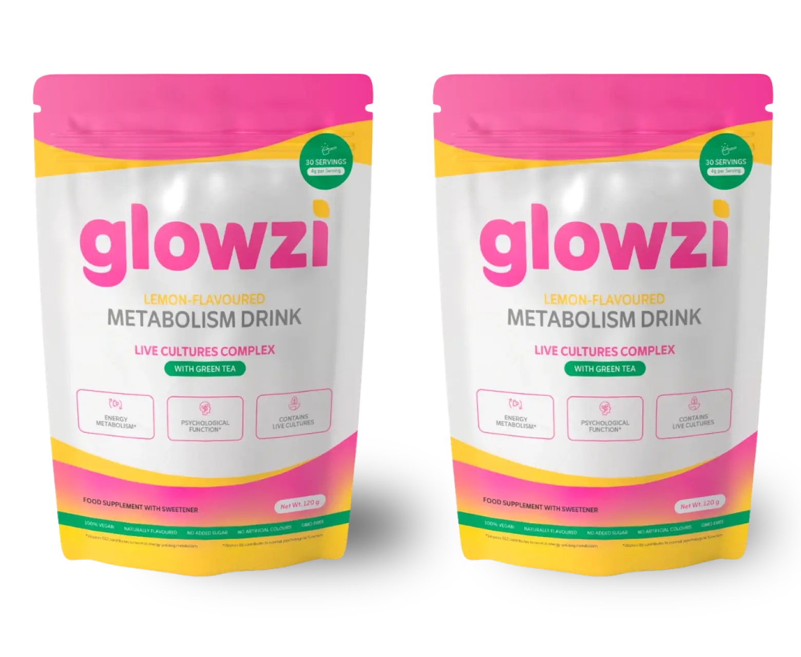 Glowzi lemon-flavoured daily wellness drink pouch