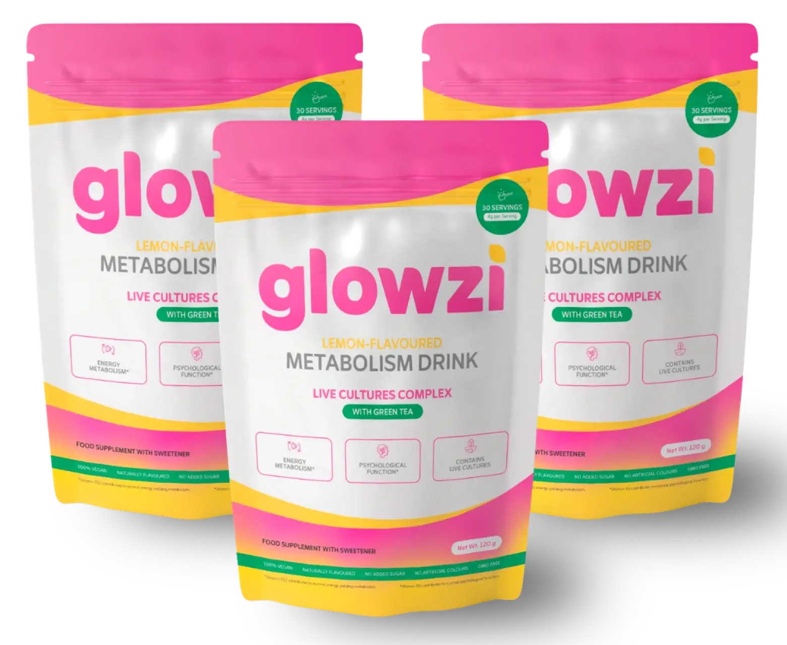 Glowzi lemon-flavoured daily wellness drink pouch